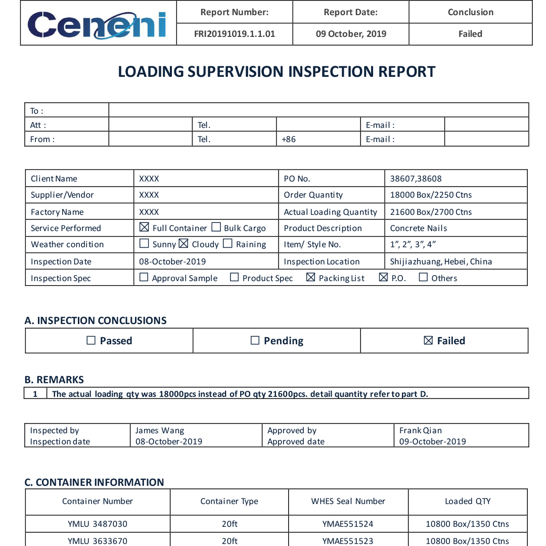 Sample Report for Loading Supervision