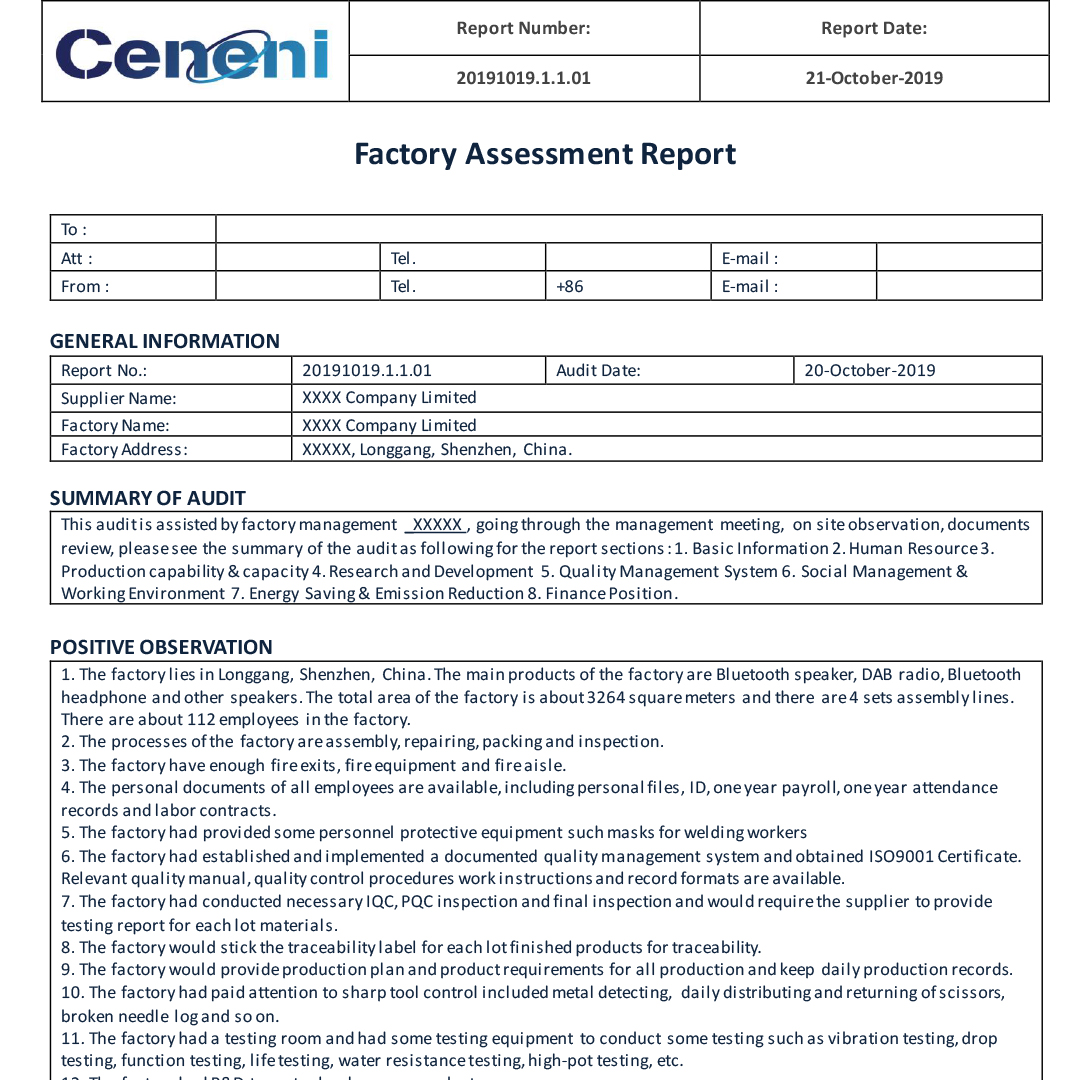 Sample Report for Factory Assessment